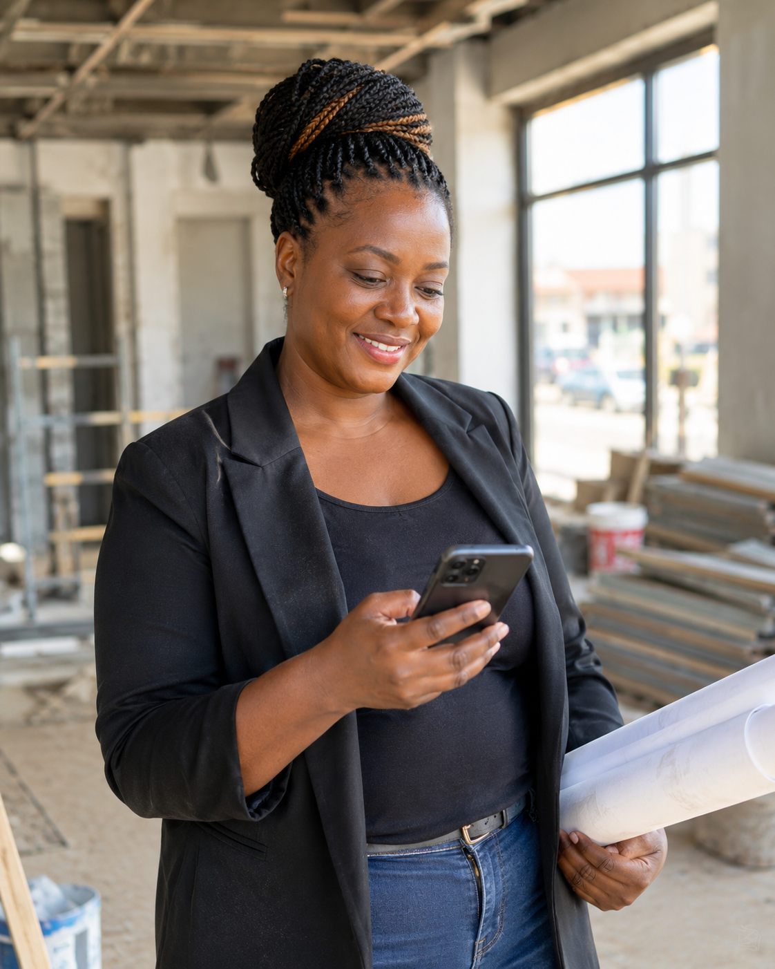 A client reviewing project plans on site with her phone in hand