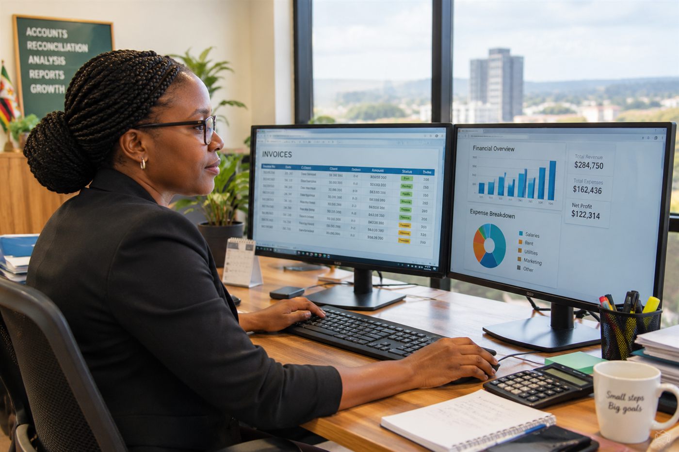 An accountant reviewing invoices and financial reports on dual monitors