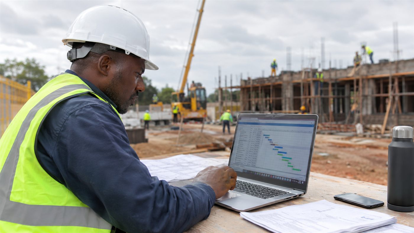 A quantity surveyor reviewing a project timeline on a laptop at a construction site
