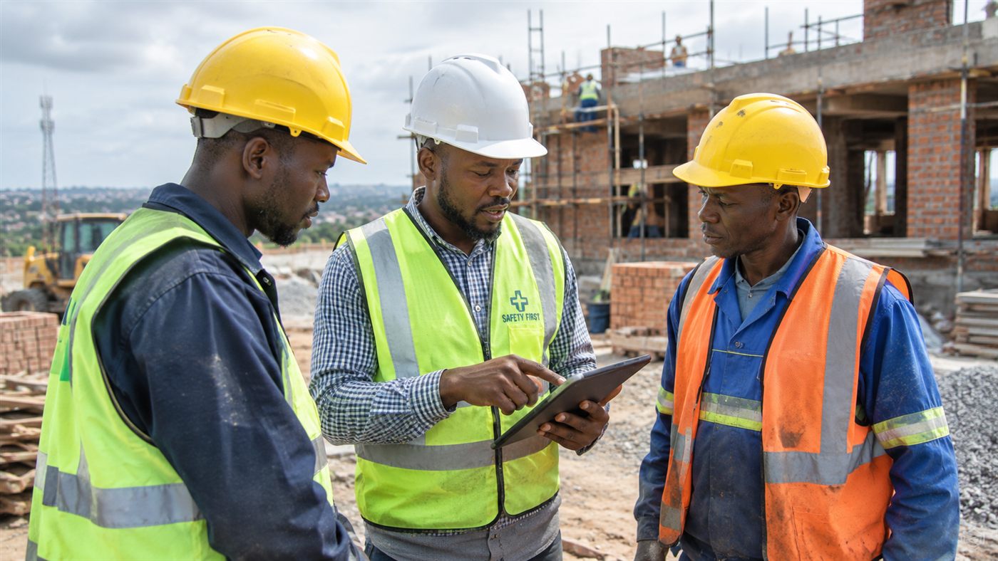 A site foreman reviewing project status on a tablet with the crew